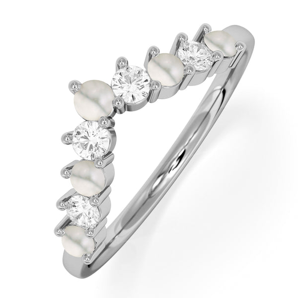 Pearl and Lab Diamond Wishbone Ring in 9K White Gold