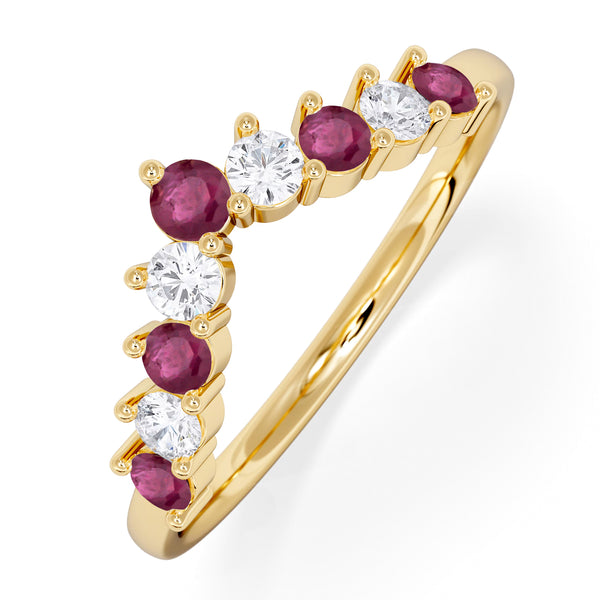 Ruby and Lab Diamond Wishbone Ring in 9K Yellow Gold