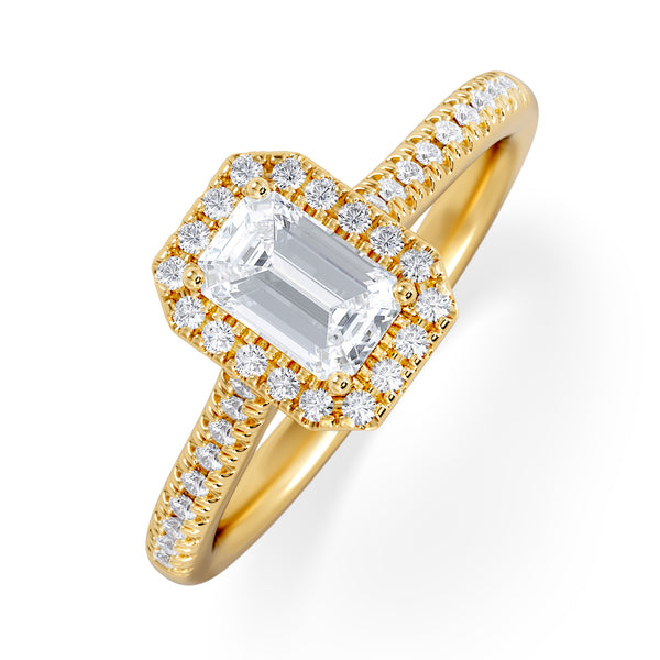 Lumia Cut Emerald Cut Lab Diamond Halo Ring 0.70ct F/VS in 9K Gold
