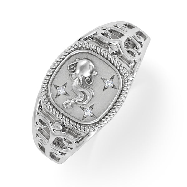 Aquarius Zodiac 0.01ct Lab Diamond Signet Ring in Silver
