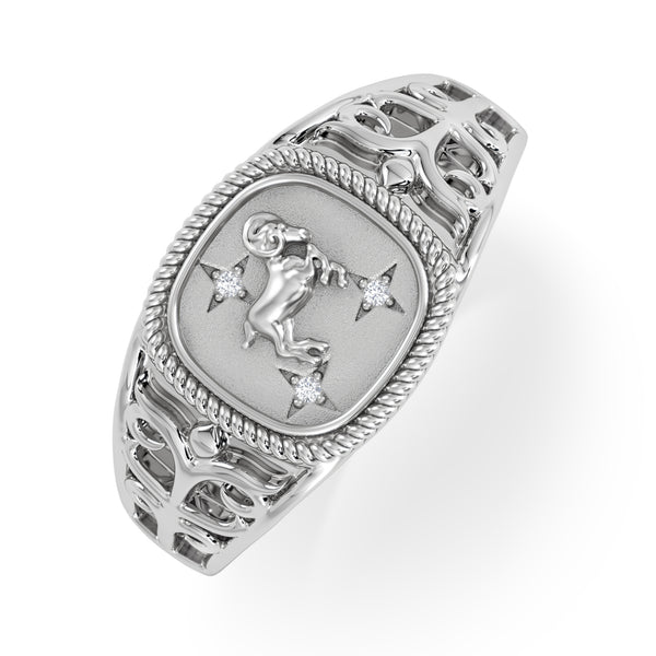 Aries Zodiac 0.01ct Lab Diamond Signet Ring in Silver