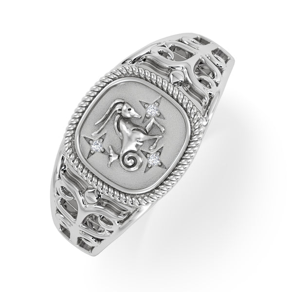 Capricorn Zodiac 0.01ct Lab Diamond Signet Ring in Silver