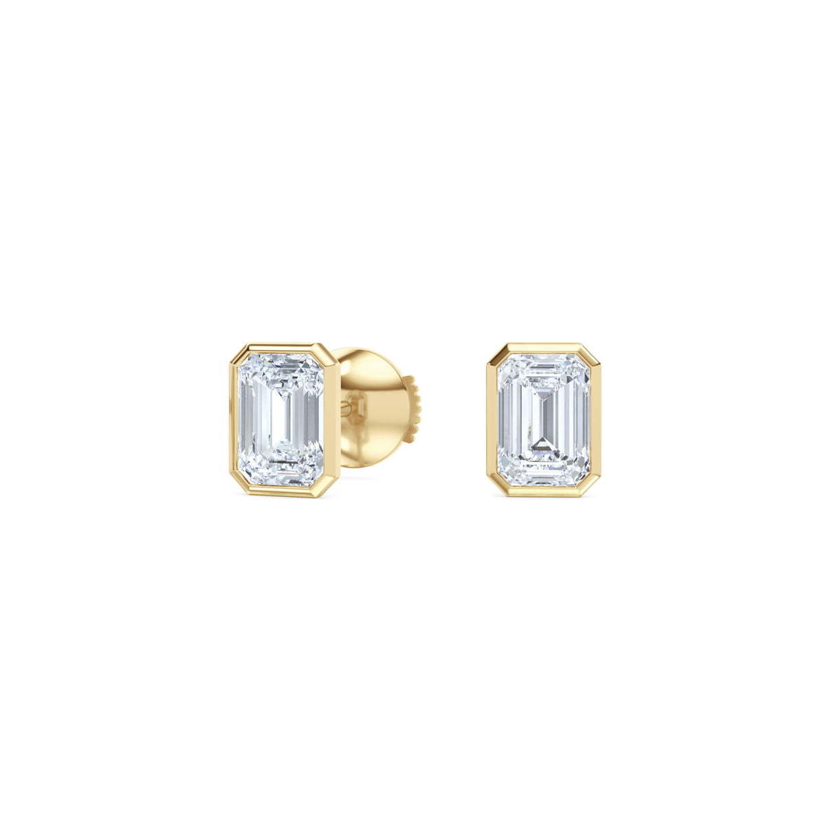 Bezel Set 2.00ct Emerald Cut Lab Diamond Stud Earrings in 18K Yellow Gold