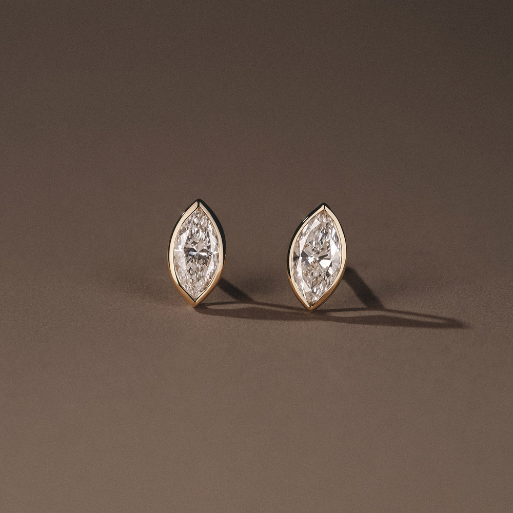 Bezel Set 1.00ct Marquise Cut Lab Diamond Stud Earrings in 18K Yellow Gold