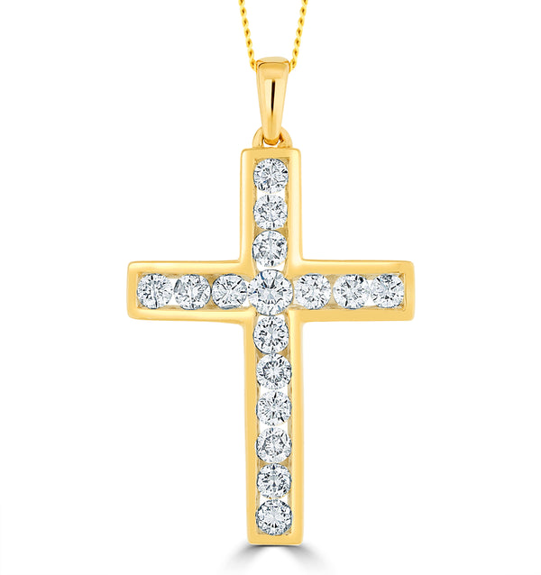 1ct Lab Diamond Cross Necklace Pendant H/Si Channel Set in 9K Gold