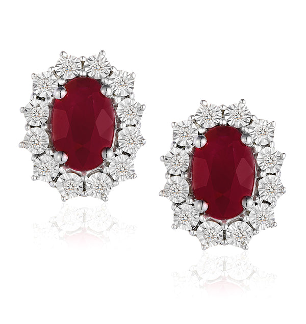Ruby Earrings with Lab Diamonds in 925 Silver - 6 x 4mm Centre