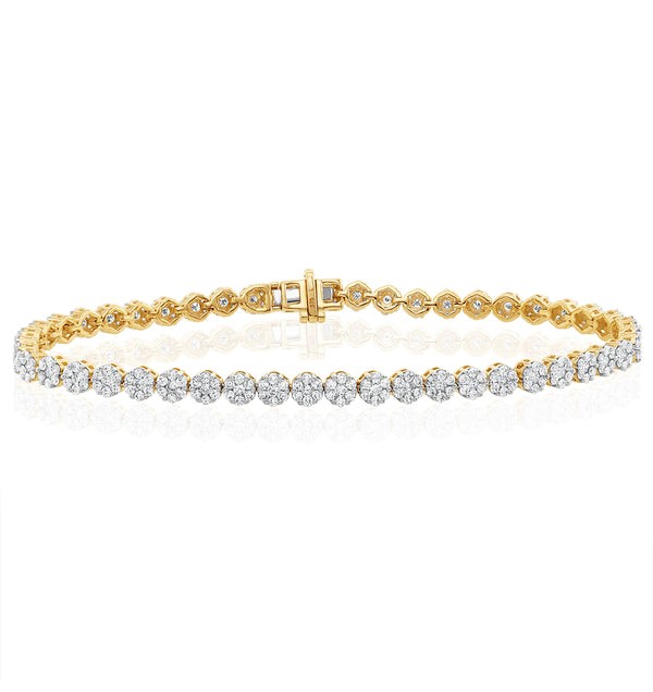 3ct Cluster Lab Diamond Tennis Bracelet H/Si Set in 9K Yellow Gold