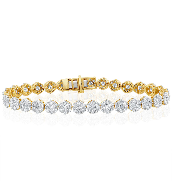 7ct Cluster Lab Diamond Tennis Bracelet H/Si Set in 18K Yellow Gold