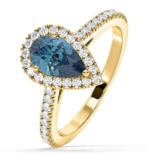 Diana Blue Lab Diamond Pear Halo Ring 1.60ct in 18K Yellow Gold - Elara Collection