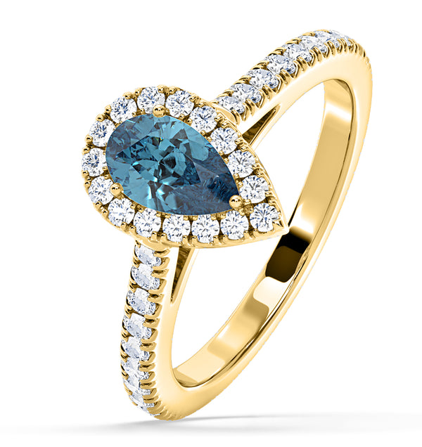 Diana Blue Lab Diamond Pear Halo Ring 1.00ct in 18K Yellow Gold - Elara Collection
