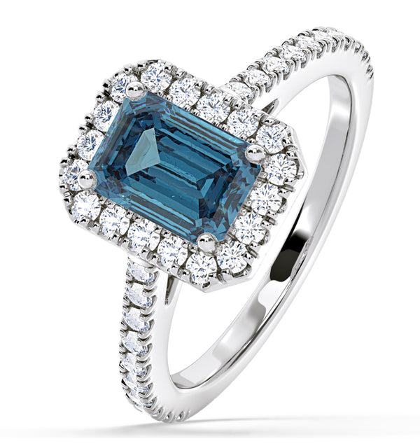 Annabelle Blue Lab Diamond 1.65ct Emerald Cut Halo Ring in Platinum - Elara Collection