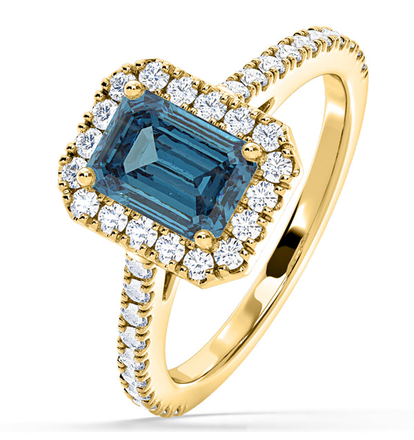 Annabelle Blue Lab Diamond 1.65ct Emerald Cut Halo Ring in 18K Yellow Gold - Elara Collection
