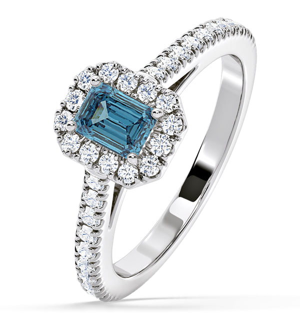 Annabelle Blue Lab Diamond 1.00ct Emerald Cut Halo Ring in Platinum - Elara Collection