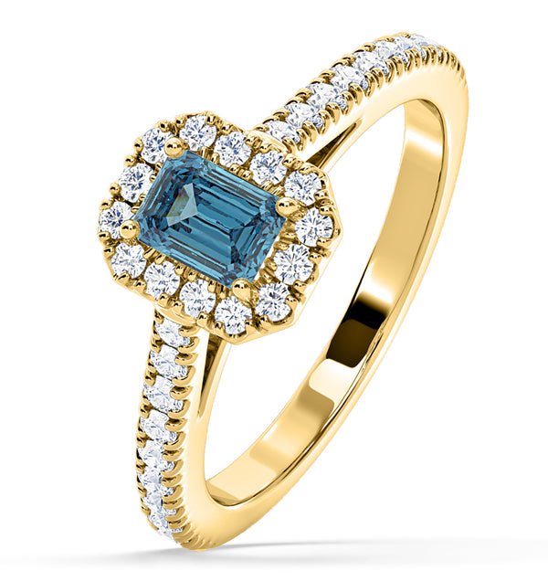 Annabelle Blue Lab Diamond 1.00ct Emerald Cut Halo Ring in 18K Yellow Gold - Elara Collection