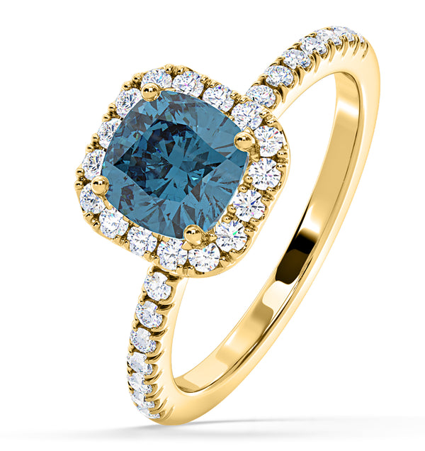 Beatrice Blue Lab Diamond 1.65ct Cushion Halo Ring in 18K Yellow Gold- Elara Collection