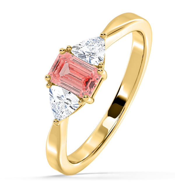 Aurora Pink Lab Diamond Emerald Cut and Trillion 1.00ct Ring in 18K Yellow Gold - Elara Collection