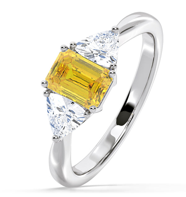 Aurora Yellow Lab Diamond Emerald Cut and Trillion 1.70ct Ring in 18K White Gold - Elara Collection