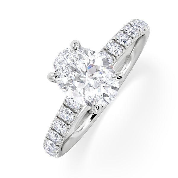 Amora Oval 1.00ct Hidden Halo Diamond Engagement Ring With Side Stones Set in 18K White Gold