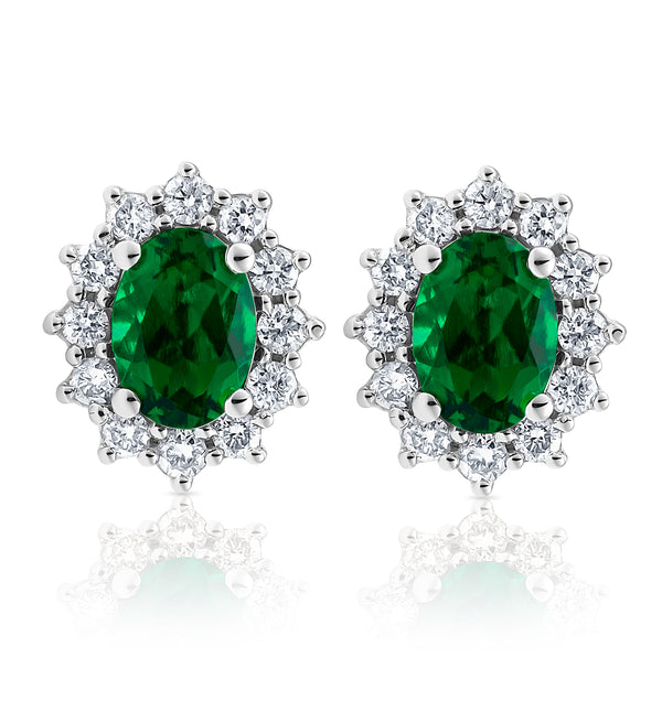 Lab Emerald 7 x 5mm and Lab Diamond Cluster Earrings in 18K White Gold