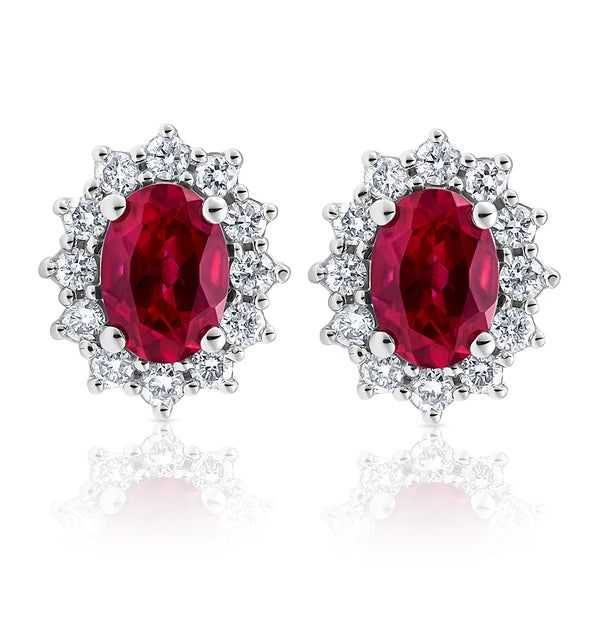 Lab Ruby 7 x 5mm and Lab Diamond Cluster Earrings in 18K White Gold