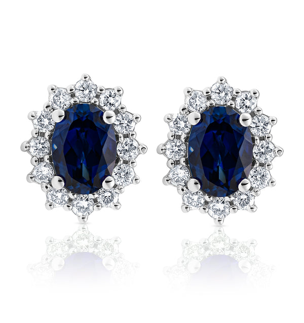Lab Sapphire 7 x 5mm and Lab Diamond Cluster Earrings in 18K White Gold