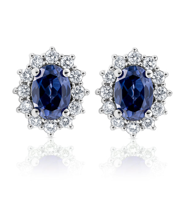 Lab Tanzanite 7 x 5mm and Lab Diamond Earrings in 18K White Gold