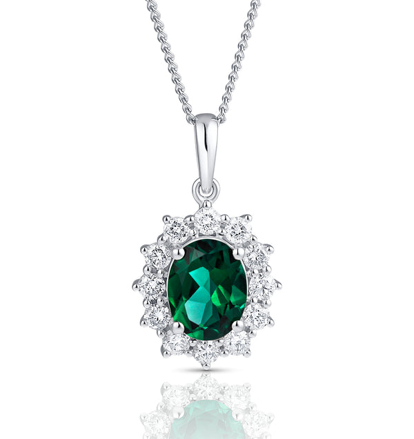 Lab Emerald 9x7mm and Lab Diamond Cluster Necklace Pendant 18K White Gold