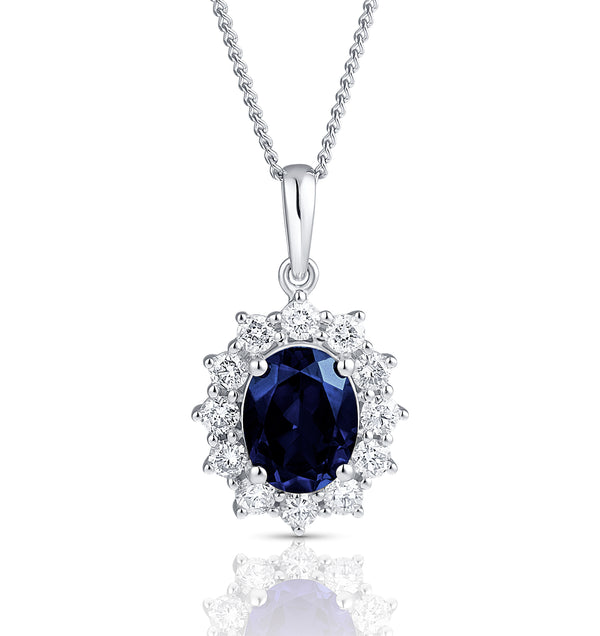 Lab Sapphire 9x7mm and Lab Diamond Cluster Necklace in 18K White Gold
