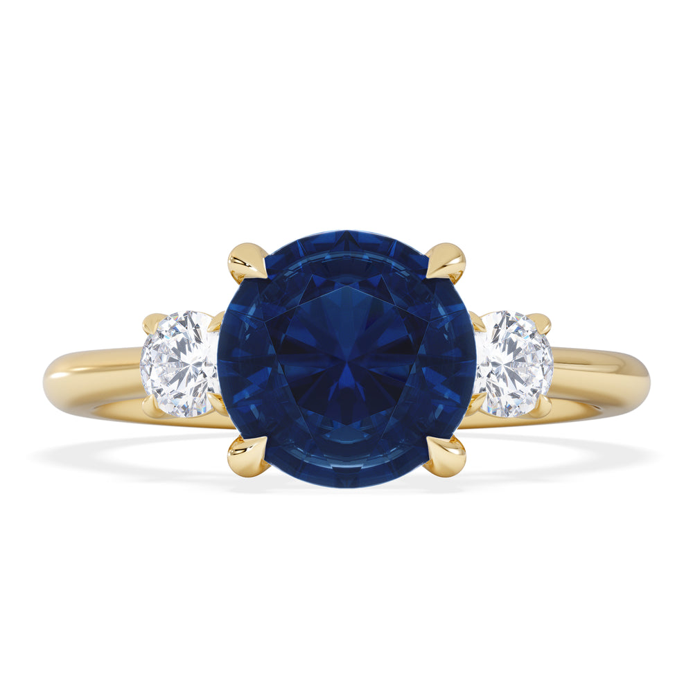 Solene 2.00ct Round Cut Lab Sapphire and Lab Diamond 3 Stone Engagement Ring in 18K Yellow Gold
