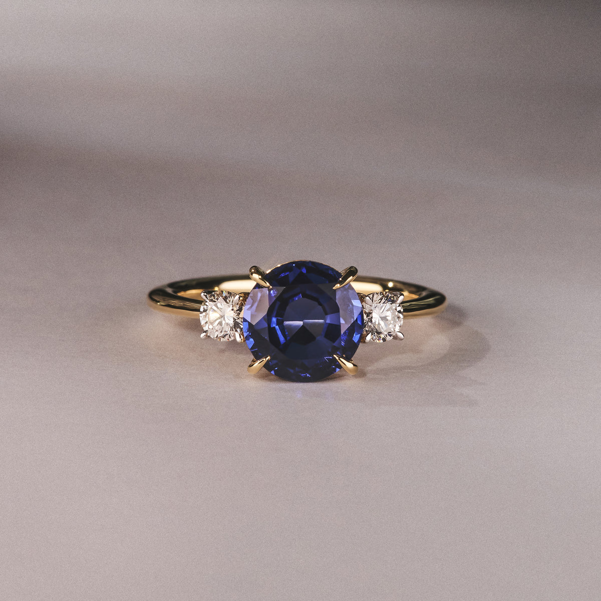 Solene 2.00ct Round Cut Lab Sapphire and Lab Diamond 3 Stone Engagement Ring in 18K Yellow Gold