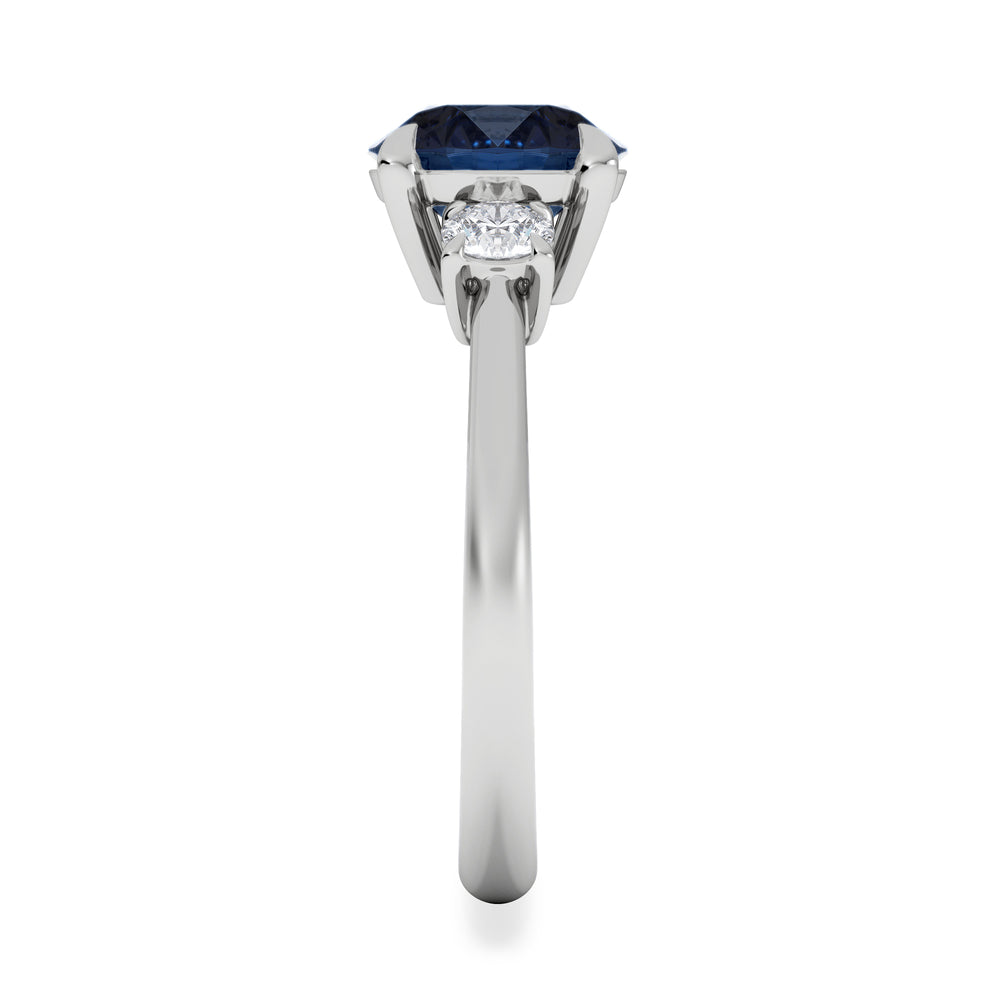 Solene 2.00ct Round Cut Lab Sapphire and Lab Diamond 3 Stone Engagement Ring in 18K White Gold