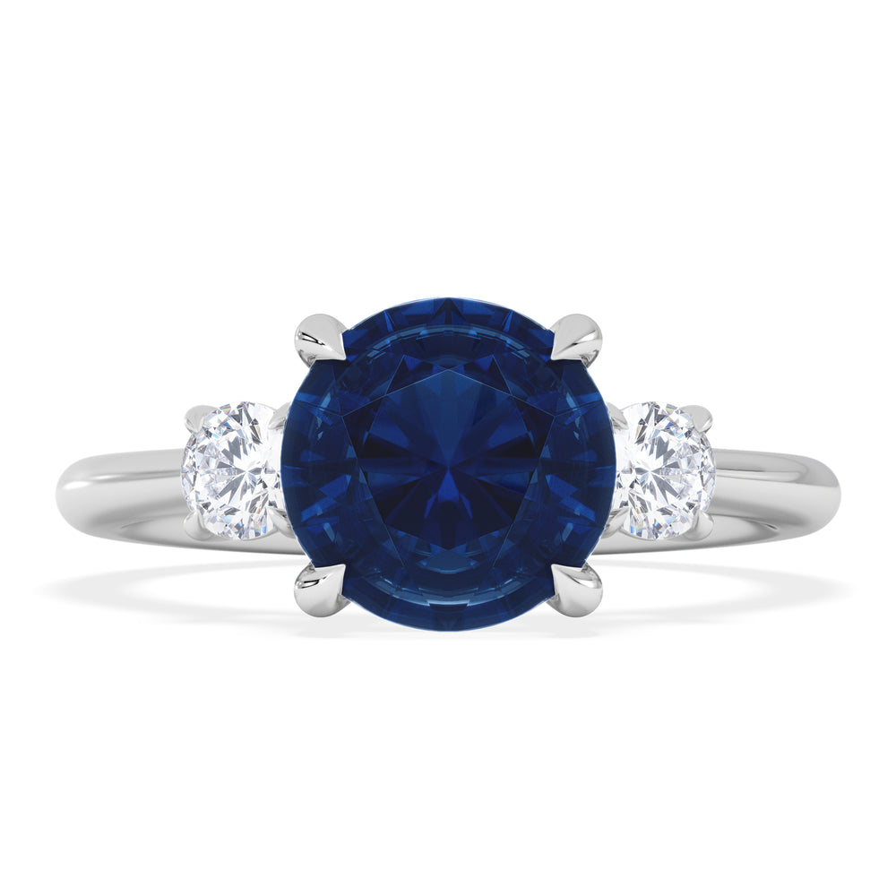 Solene 2.00ct Round Cut Lab Sapphire and Lab Diamond 3 Stone Engagement Ring in 18K White Gold