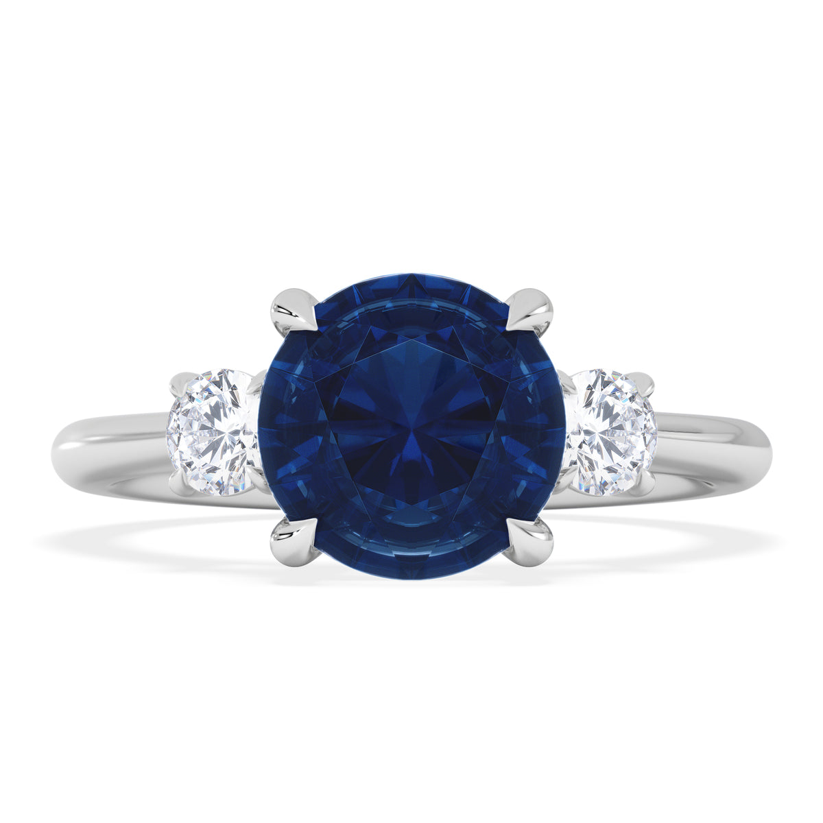Solene 2.00ct Round Cut Lab Sapphire and Lab Diamond 3 Stone Engagement Ring in 18K White Gold