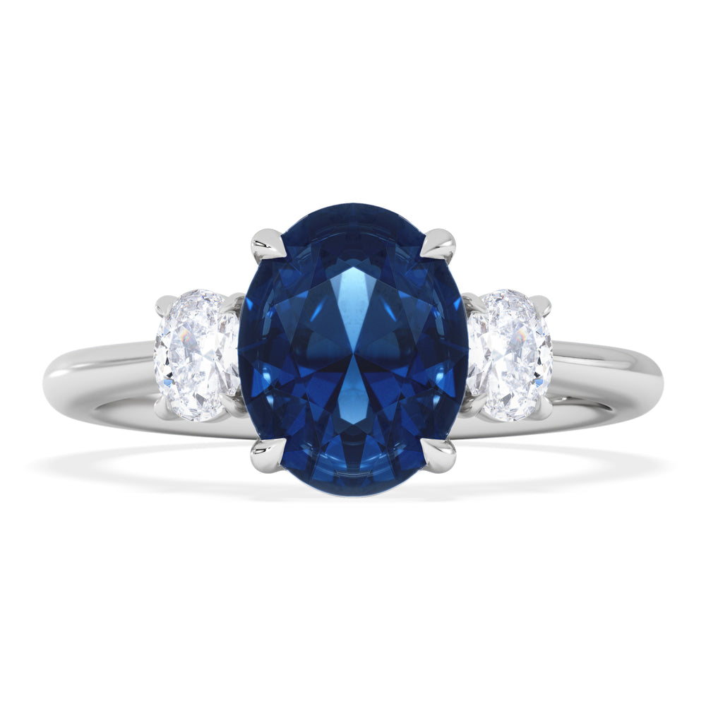 Solene 2.00ct Oval Cut Lab Sapphire and Lab Diamond 3 Stone Engament Ring in 18K White Gold