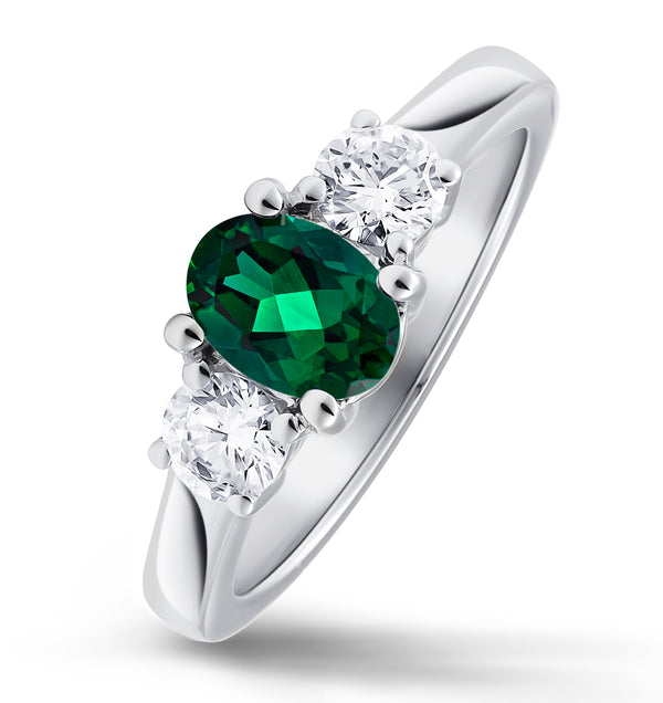 Lab Emerald 0.70ct and Lab Diamonds 0.50ct 18K White Gold Ring