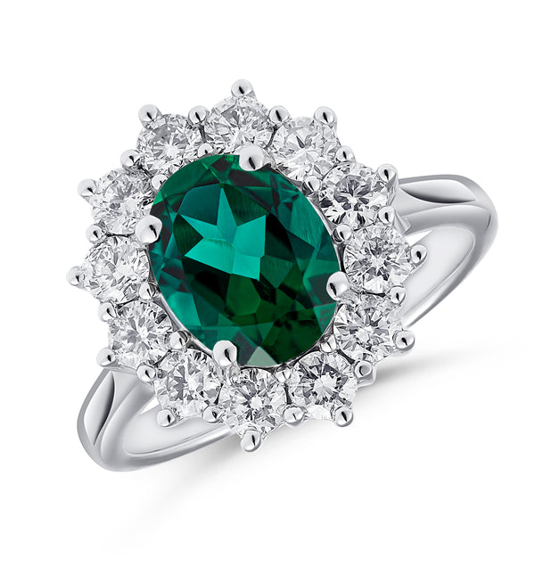 Lab Emerald 1.95CT and Lab Diamond 1.00ct Cluster Ring in 18K White Gold