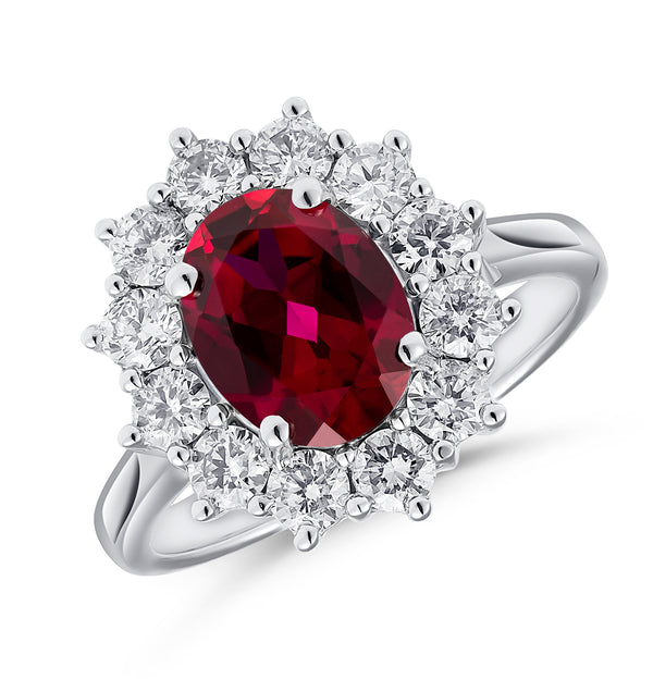 Lab Ruby 2.40ct and Lab Diamond 1.00ct Cluster Ring in 18K White Gold