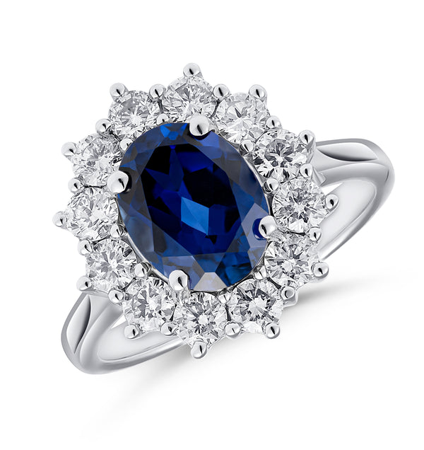Lab Sapphire 2.3ct and Lab Diamond 1ct Cluster Ring in 18K White Gold
