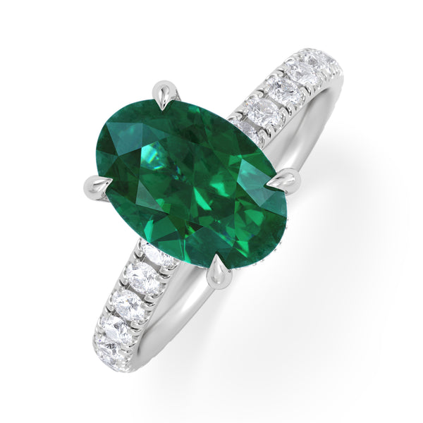 Amora Gem 2.00ct Oval Cut Lab Emerald Hidden Halo Engagement Ring with Side Stones in 18K White Gold