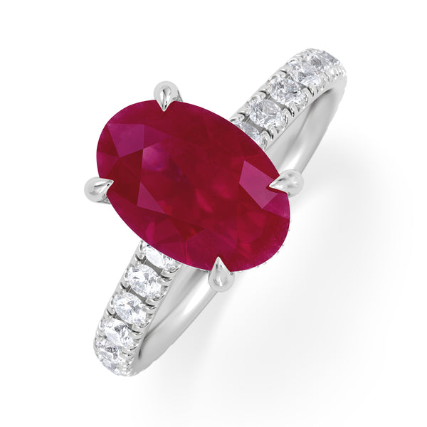 Amora Gem 2.00ct Oval Cut Lab Ruby Hidden Halo Engagement Ring with Side Stones in 18K White Gold
