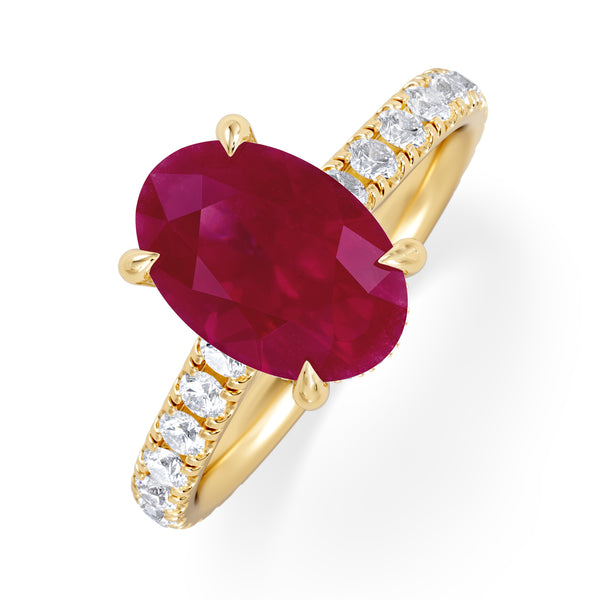 Amora Gem 2.00ct Oval Cut Lab Ruby Hidden Halo Engagement Ring with Side Stones in 18K White Gold