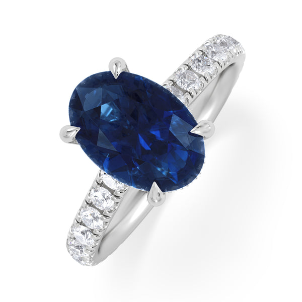 Amora Gem 2.00ct Oval Cut Lab Sapphire Hidden Halo Engagement Ring with Side Stones in 18K White Gold