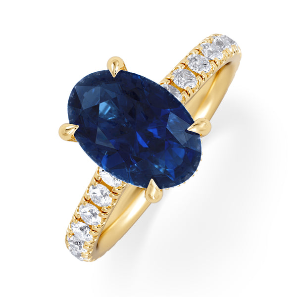 Amora Gem 2.00ct Oval Cut Lab Sapphire Hidden Halo Engagement Ring with Side Stones in 18K Yellow Gold