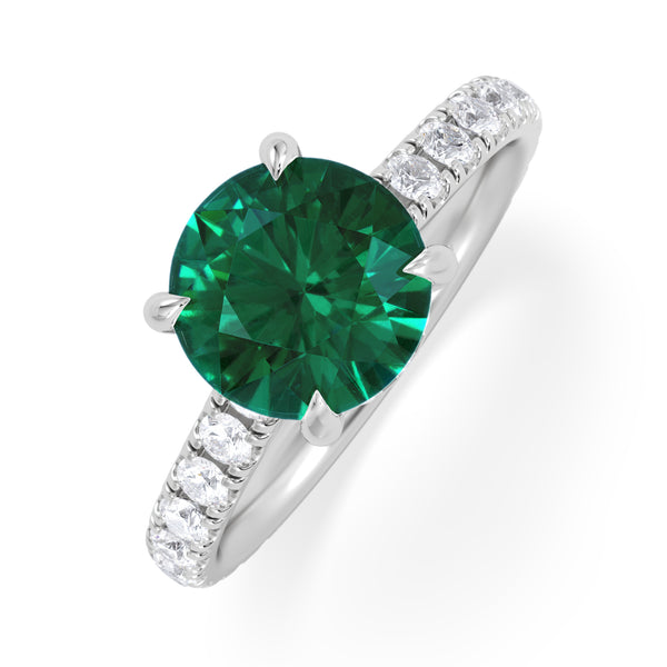 Amora Gem 2.00ct Round Cut Lab Emerald Hidden Halo Engagement Ring with Side Stones in 18K White Gold