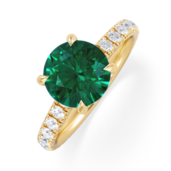 Amora Gem 2.00ct Round Cut Lab Emerald Hidden Halo Engagement Ring with Side Stones in 18K Yellow Gold