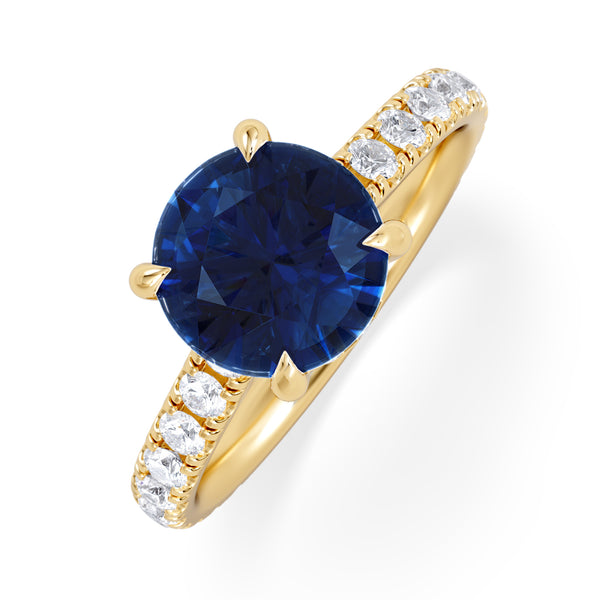 Amora Gem 2.00ct Round Cut Lab Sapphire Hidden Halo Engagement Ring in with Side Stones 18K Yellow Gold