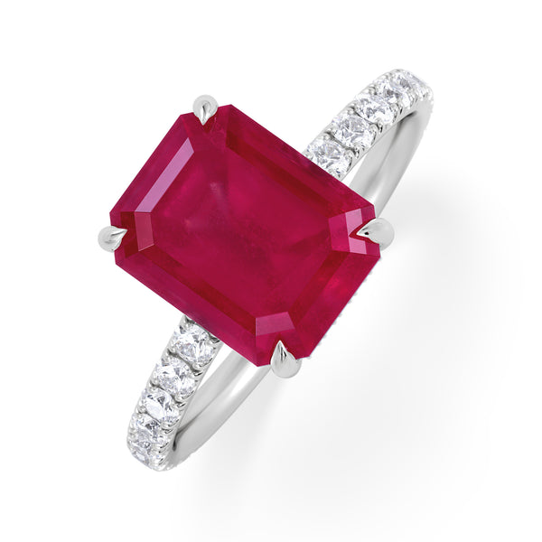 Amora Gem 2.50ct Emerald Cut Lab Ruby Hidden Halo Engagement Ring with Side Stones in 18K White Gold