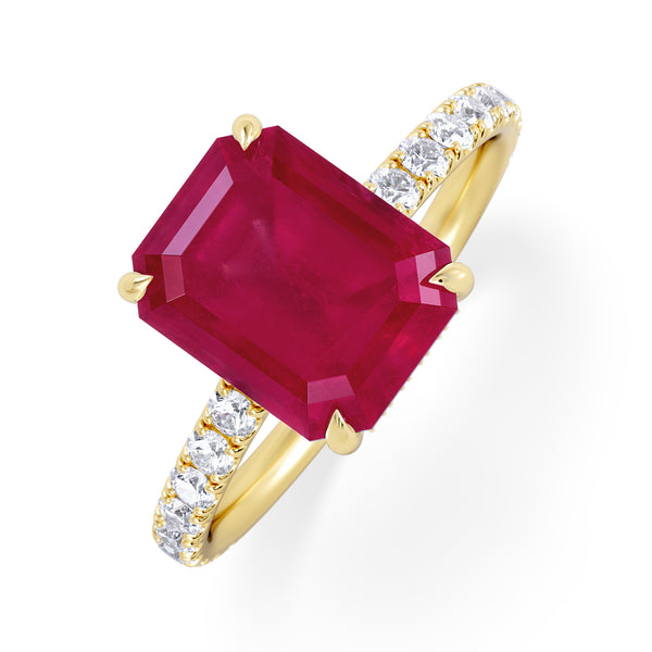 Amora Gem 2.50ct Emerald Cut Lab Ruby Hidden Halo Engagement Ring with Side Stones in 18K Yellow Gold