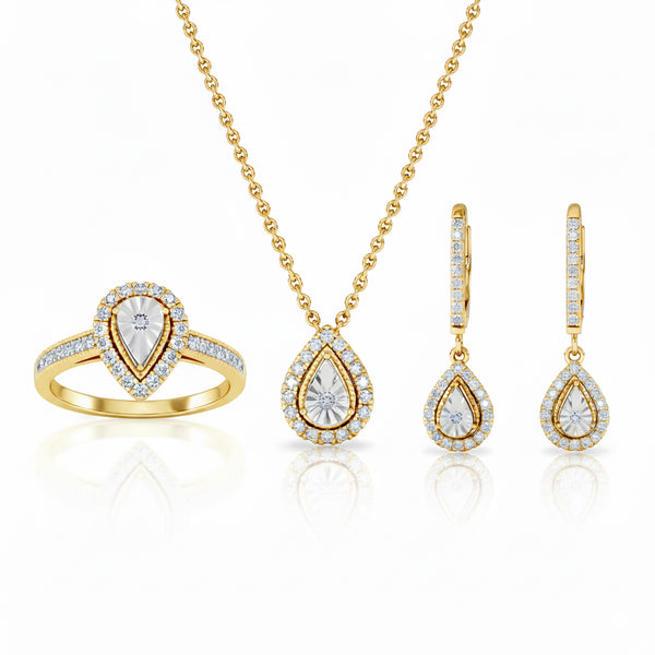 Masami Lab Diamond Pear Halo Ring, Necklace & Earrings Set in 18K Gold Vermeil
