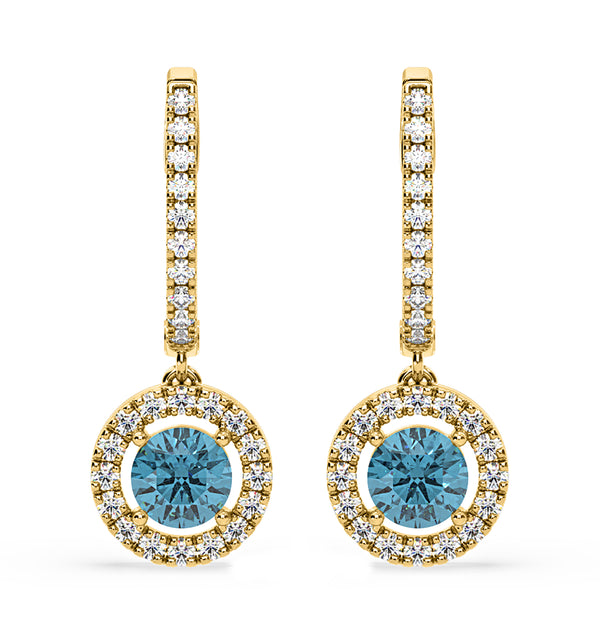 Ella Blue Lab Diamond 2.60ct Halo Drop Earrings in 18K Yellow Gold - Elara Collection